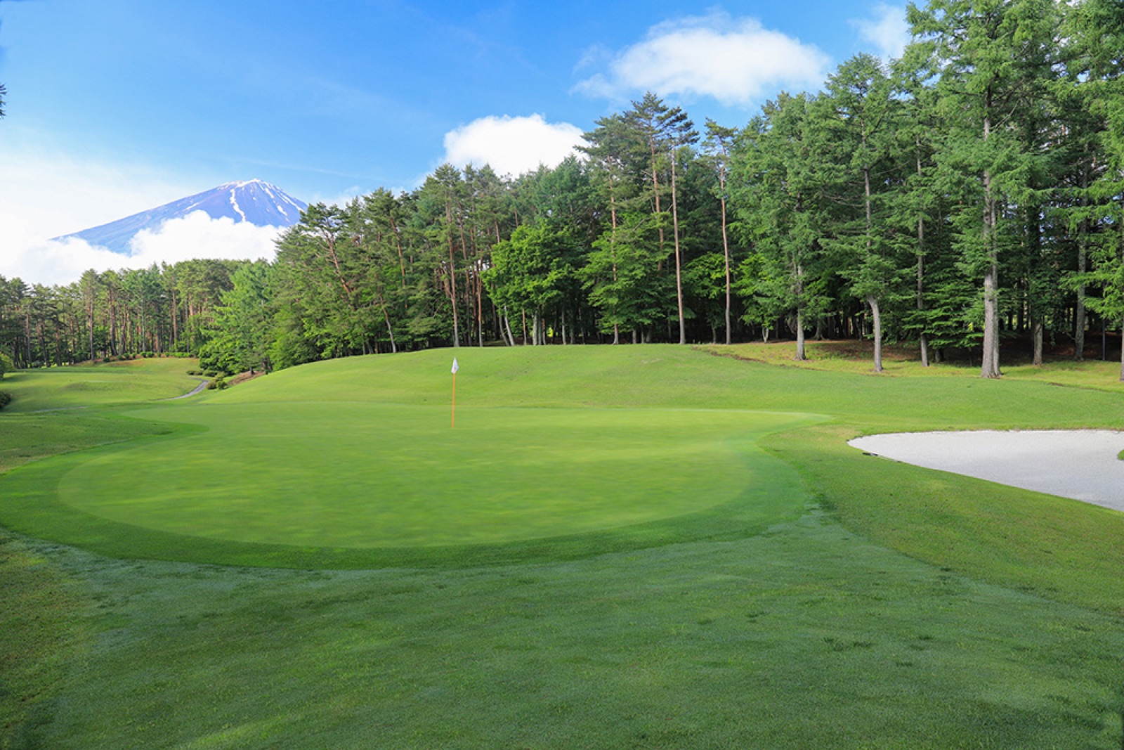 Mt. Fuji behind the 13th green at Fujizakura Country Club