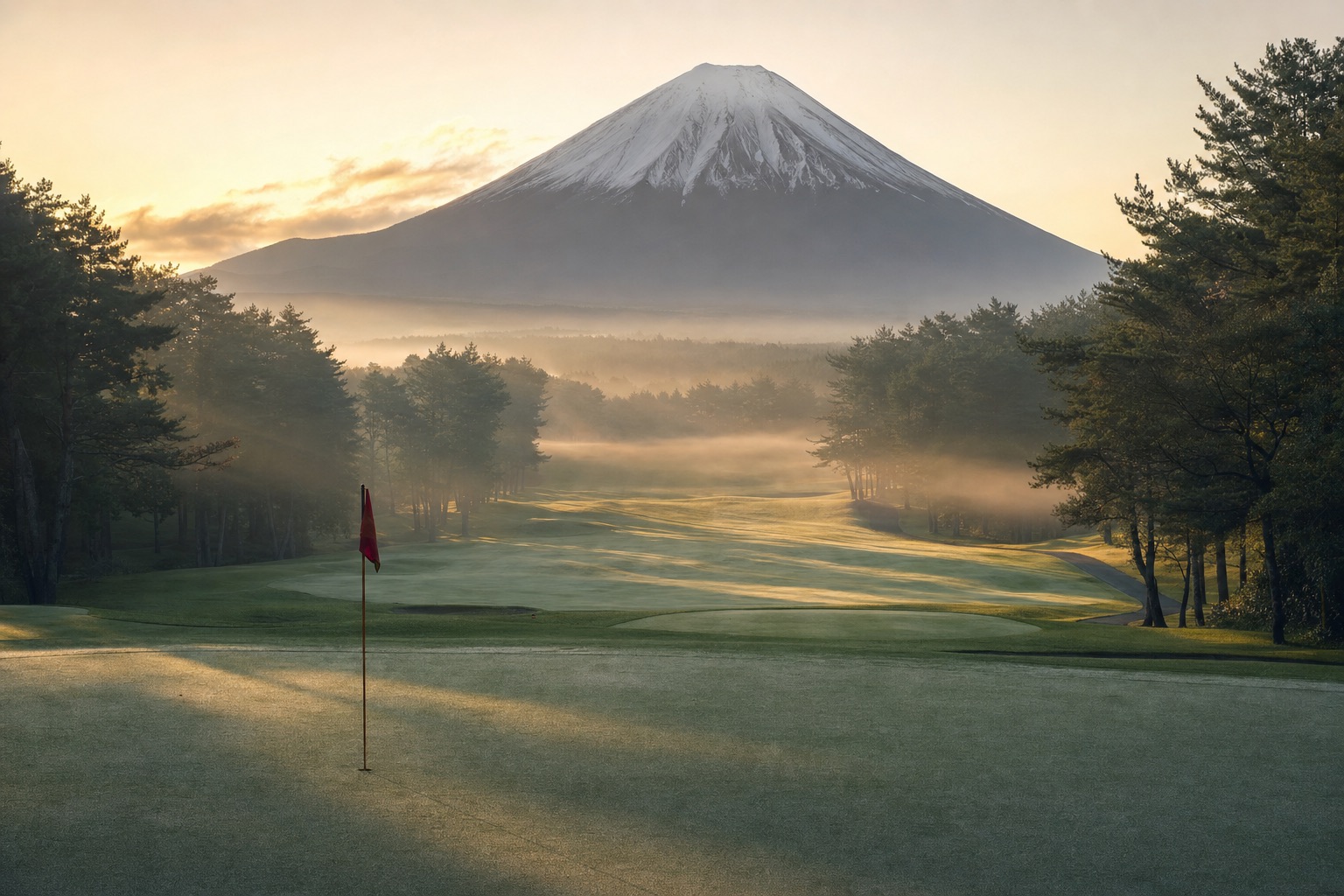 Misty Japanese golf course at dawn with Mt. Fuji in the distance